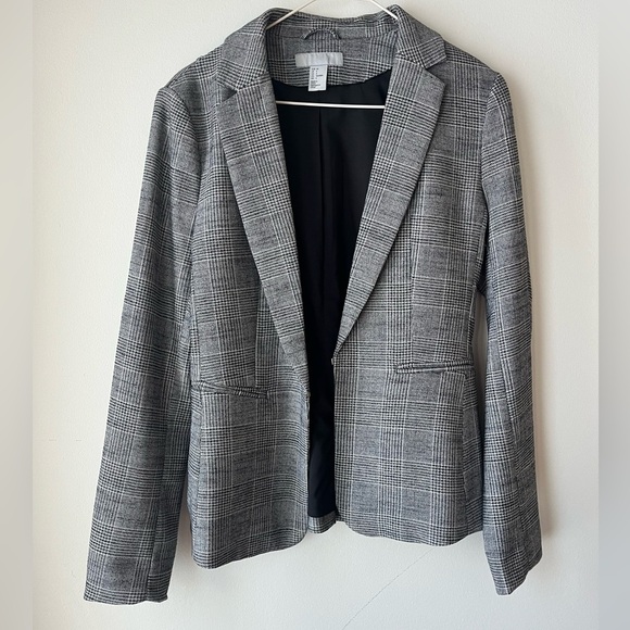 H&M long plaid one button schoolboy blazer women’s size 6 grey neutral office - Picture 6 of 11